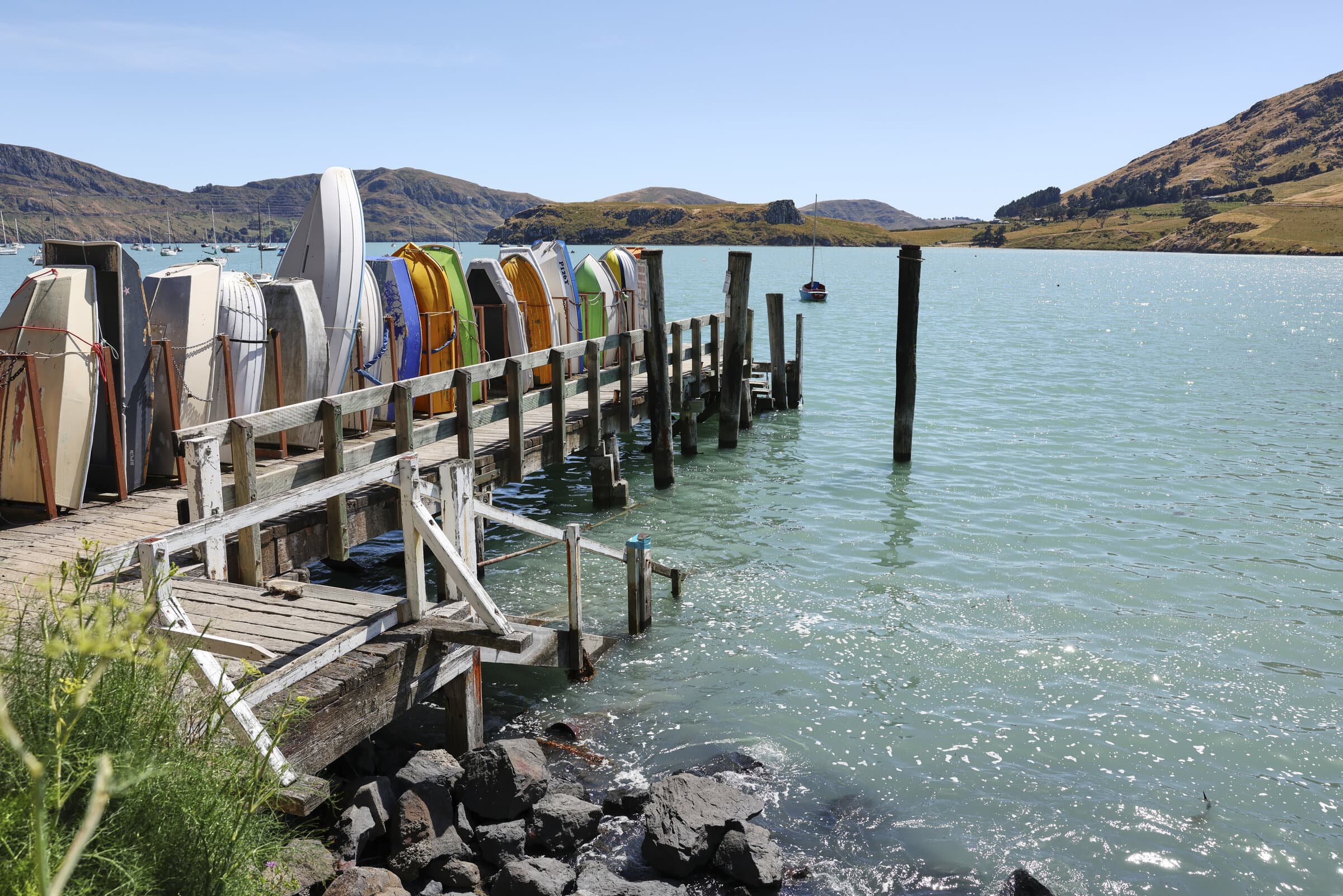 Colorful kayaks at a tropical harbor