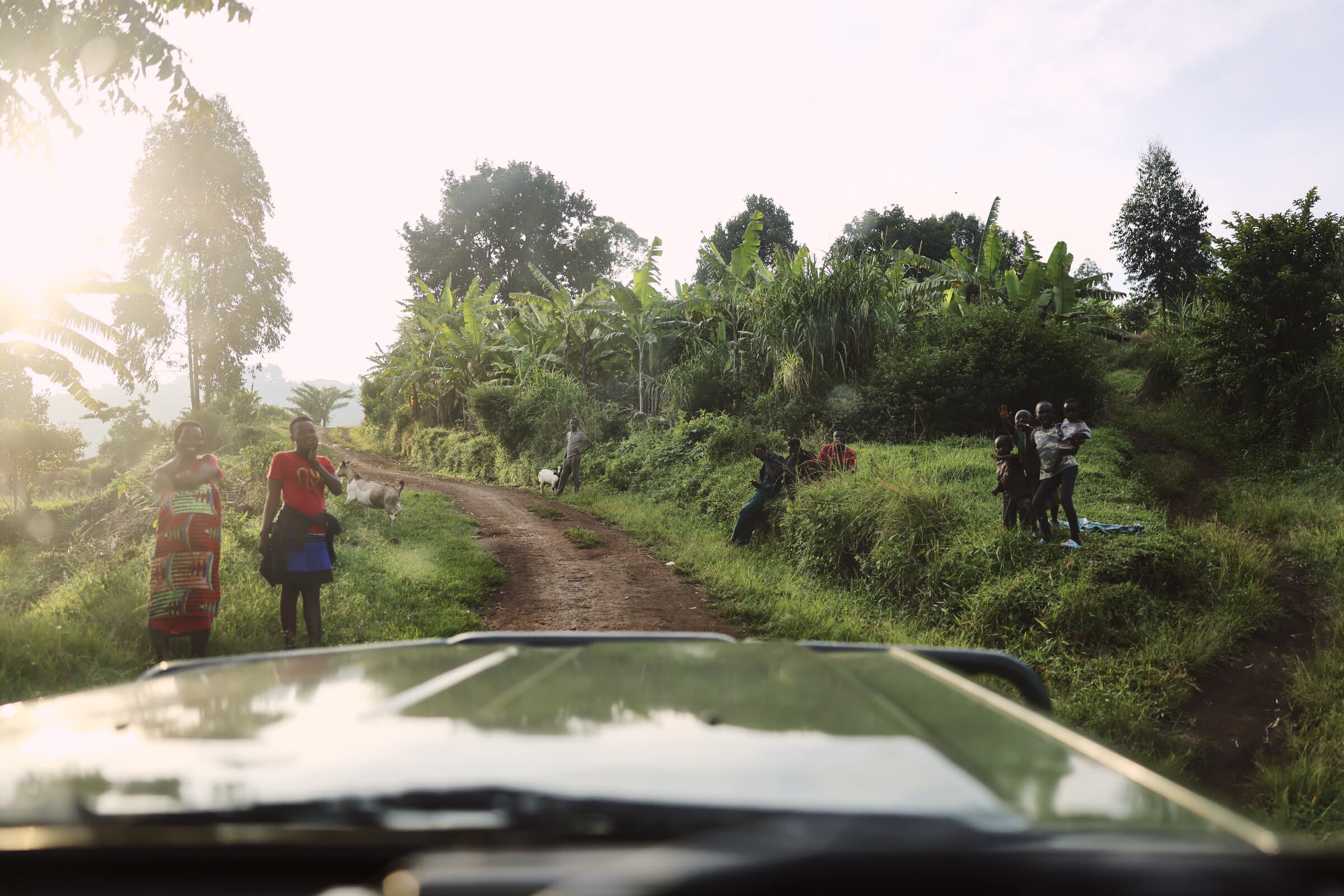 Red dirt track through a tropical village