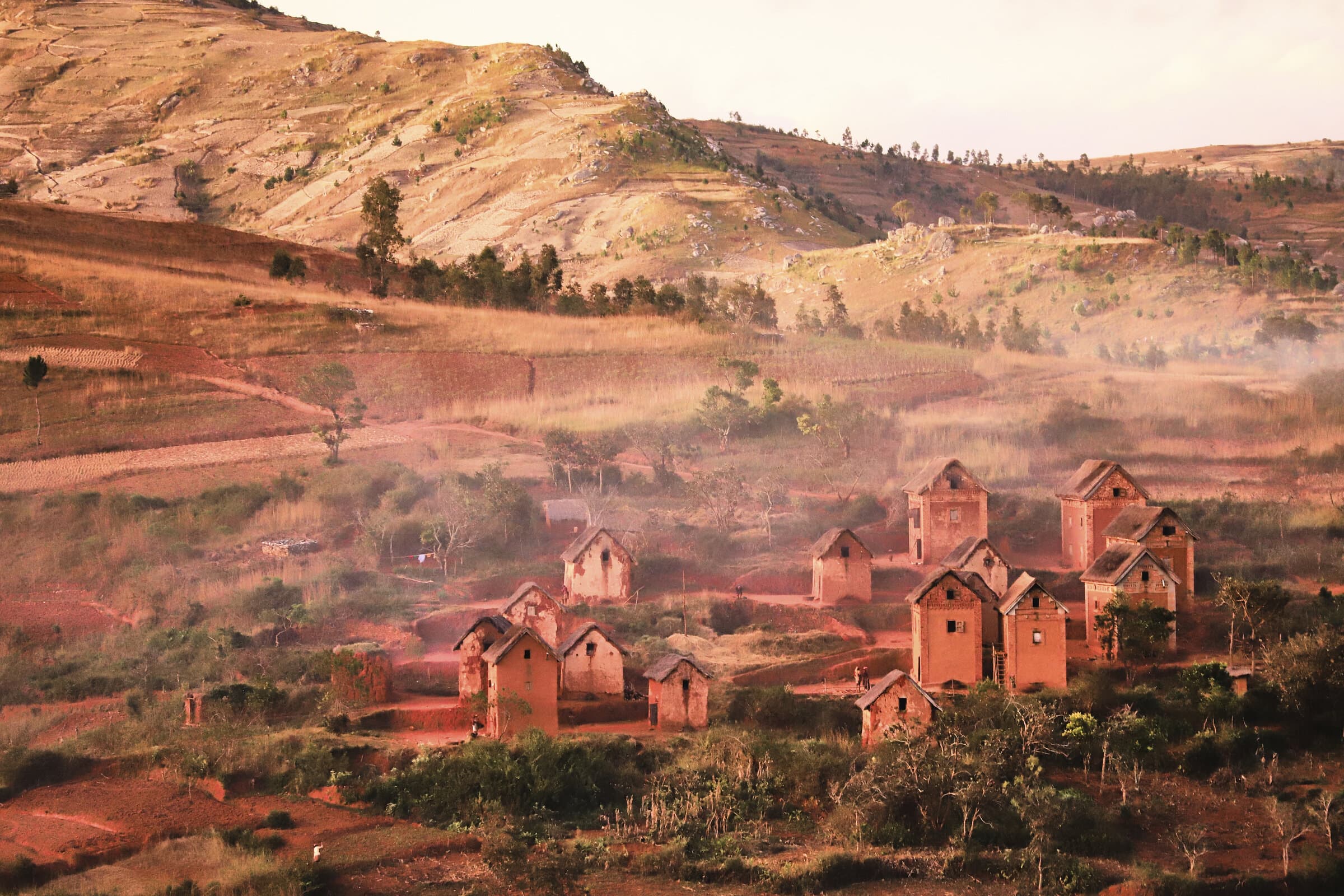 Red-earth village in misty Madagascar highlands